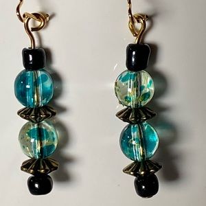 Confetti Glass Lampwork speckled blue and gold drop earrings w/ gold accents NEW